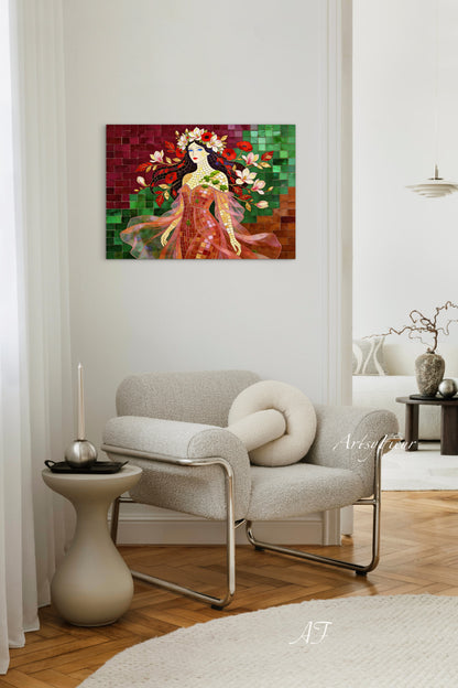Framed Canvas- Vibrant Magnolia Flowers Beautiful Brunette Woman’s Abstract Portrait Mosaic Original Artwork Fantasy Wall Art Print Mother Nature