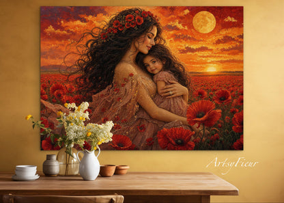 Framed Canvas- Vibrant Poppies Field Mother and Daughter Portrait Whimsical Full Moon Sunset Fantasy Oil Painting Wall Art Print