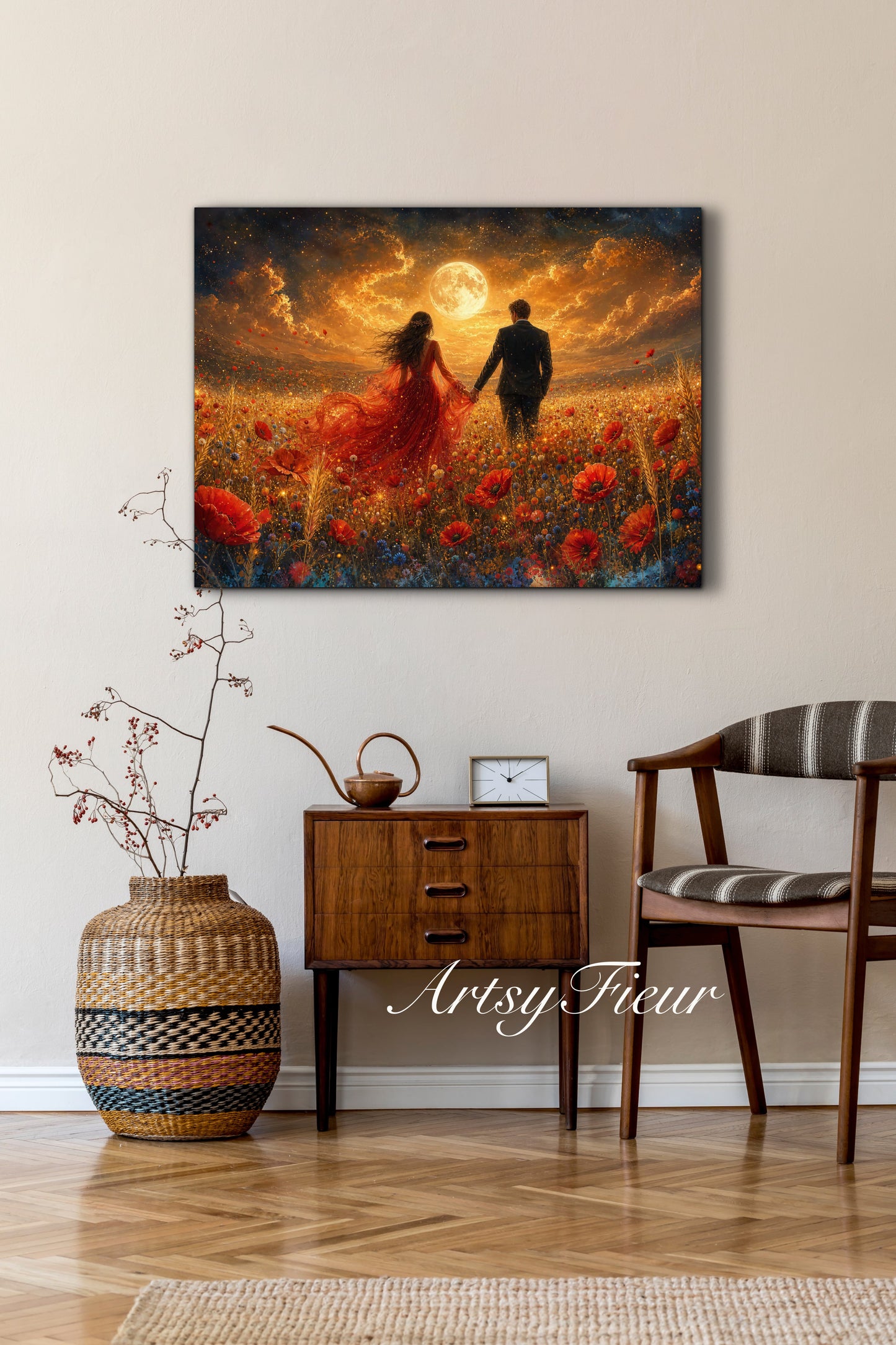 Framed canvas- whimsical full moon sunset -bride and groom, wedding gift, fantasy oil painting bedroom wall art print floral poppies field colourful vibrant colours