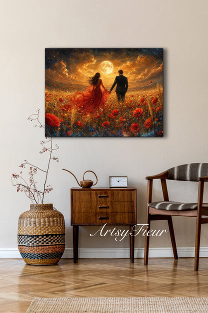 Framed canvas- whimsical full moon sunset -bride and groom, wedding gift, fantasy oil painting bedroom wall art print floral poppies field colourful vibrant colours