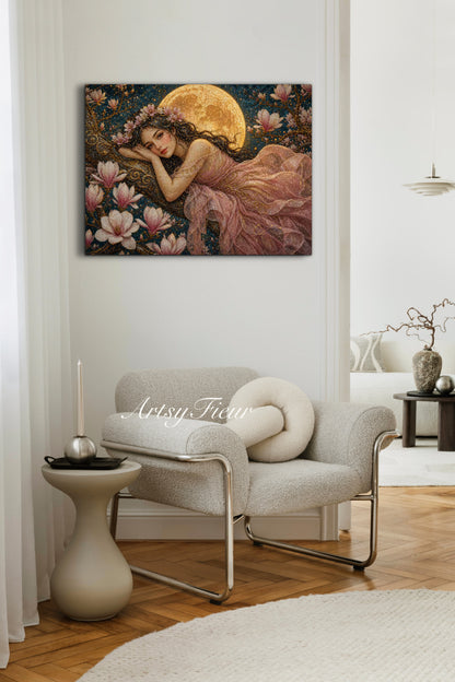 Framed Canvas- Vibrant Magnolia Flowers Beautiful Brunette Woman’s Portrait Mosaic Original Artwork Fantasy Wall Art Whimsical Full Moon