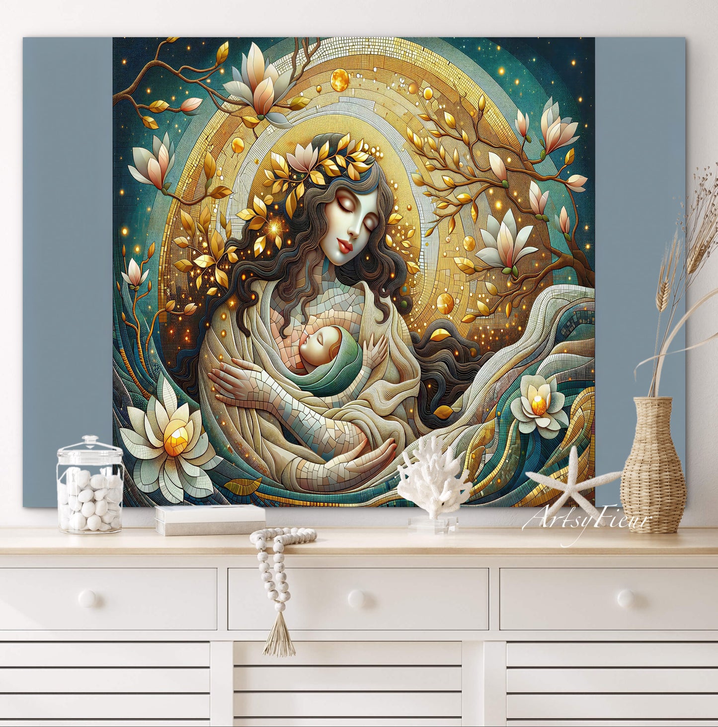 Framed Canvas- Vibrant Magnolia Flowers Mother and Daughter Portrait Original ArtworkFantasy Wall Art