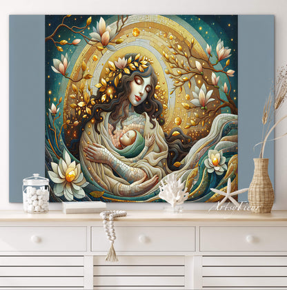 Framed Canvas- Vibrant Magnolia Flowers Mother and Daughter Portrait Original ArtworkFantasy Wall Art