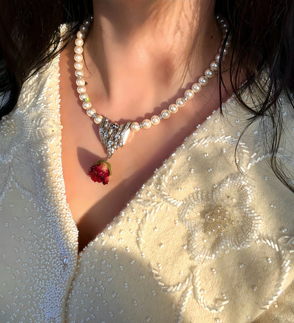 Real Red Rose Necklace |Preserved flower in resin | Mini red rose pearl necklace | White pearl | Silver Baroque Crystal pendant