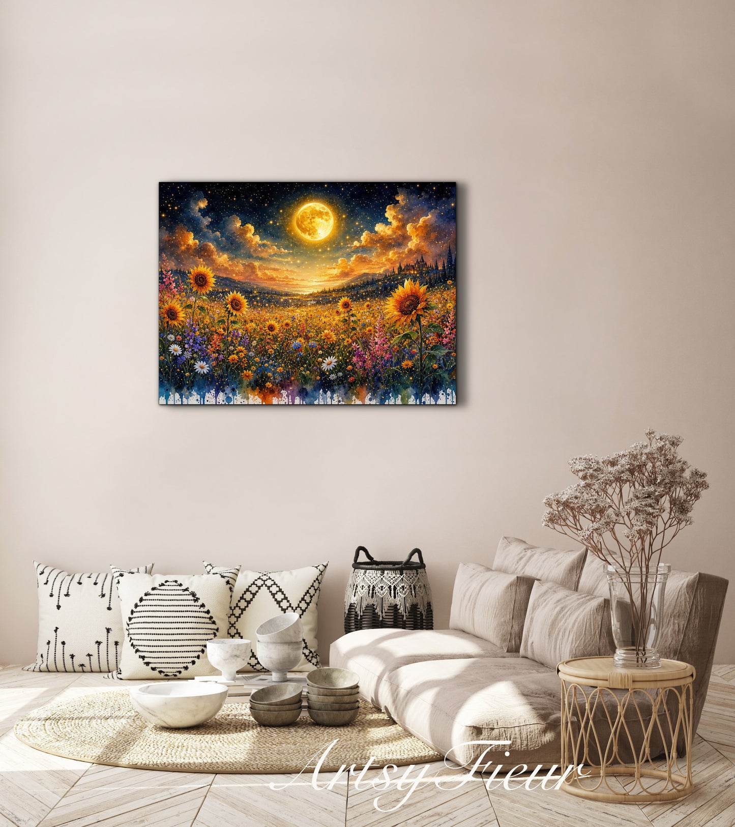 Framed Canvas- Beautiful Vibrant Colours Full Moon Floral Landscape, Wildflowers and Sunflowers Field under Night Sky Living Room Wall Art