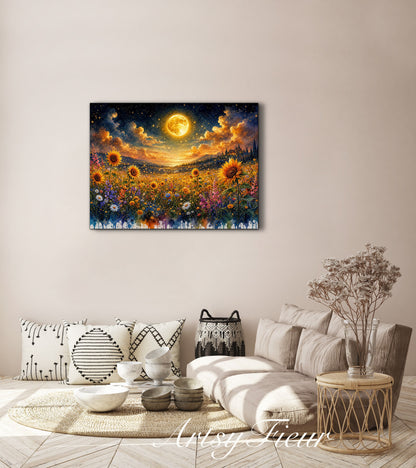 Framed Canvas- Beautiful Vibrant Colours Full Moon Floral Landscape, Wildflowers and Sunflowers Field under Night Sky Living Room Wall Art