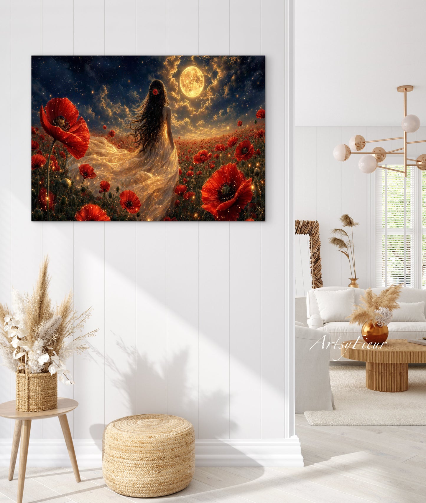 Framed Canvas - Vibrant Poppies Whimsical Full Moon Bride in Poppy Field, Wall Art Ready to hang Oil Painting Original Artwork Print