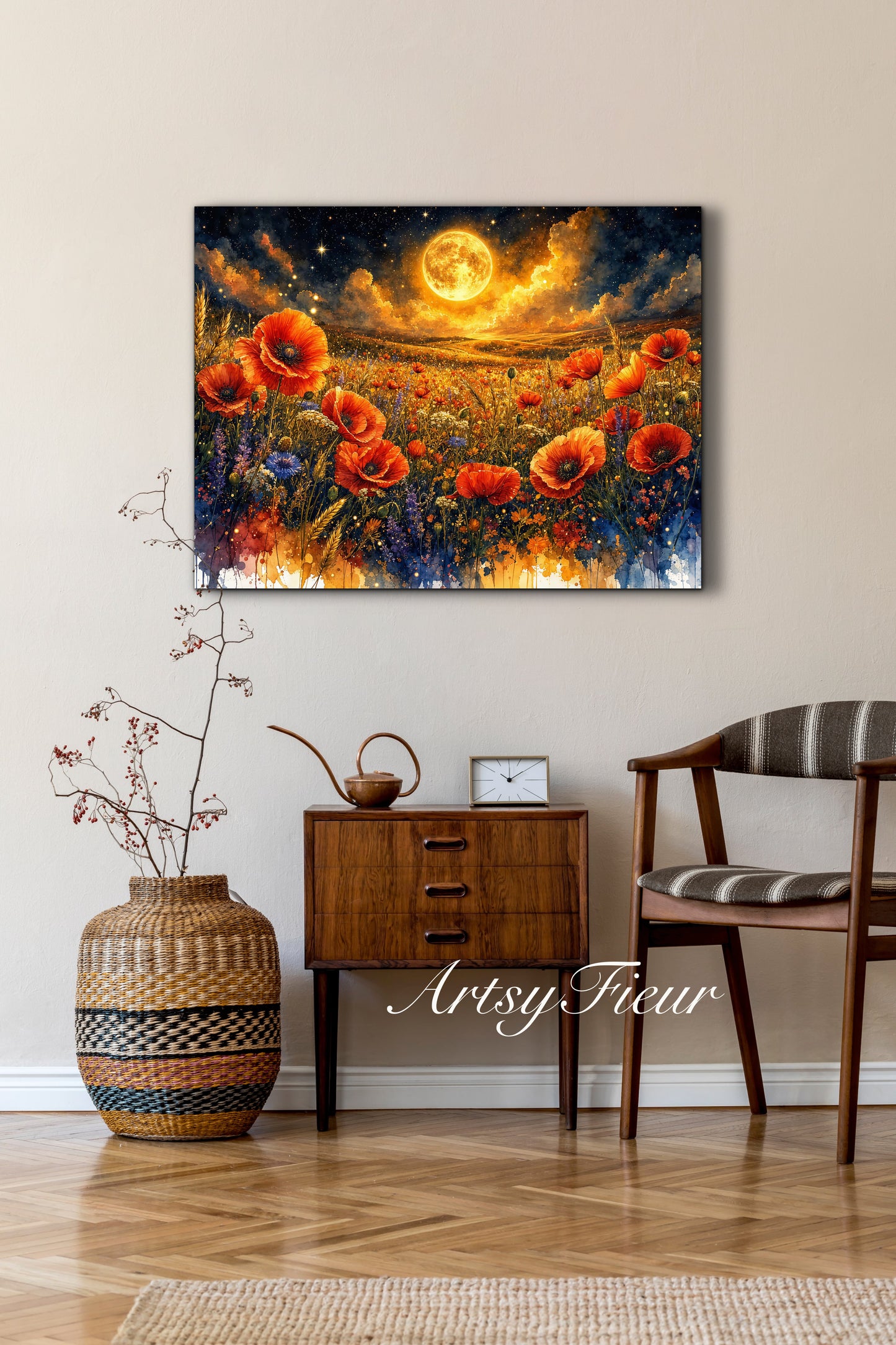 Framed Canvas Print- Vibrant Wildflowers and Poppies Oil Painting Textured Wall Art , Beautiful Original Artwork Ready to Hang Living Room, Floral