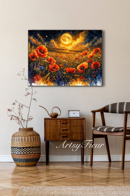 Framed Canvas Print- Vibrant Wildflowers and Poppies Oil Painting Textured Wall Art , Beautiful Original Artwork Ready to Hang Living Room, Floral