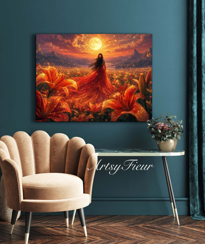 Framed Canvas - Vibrant Lilies Whimsical Full Moon Bride in Poppy Field, Wall Art Ready to hang Oil Painting Original Artwork Print Red Wedding Dress