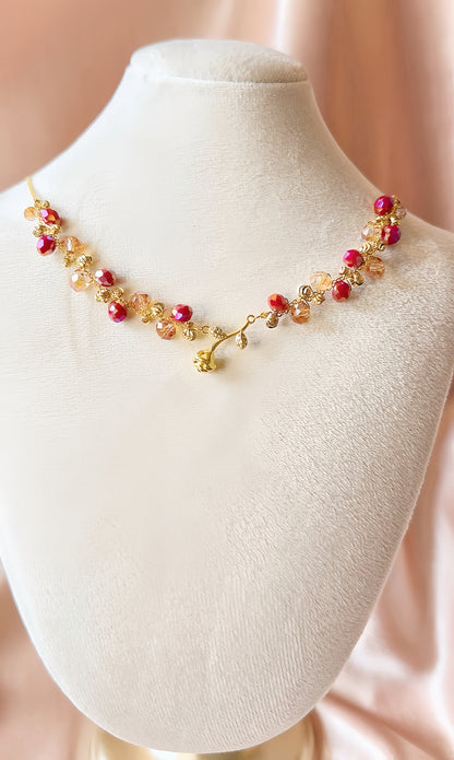 Mini Gold Rose Necklace Flower Pendant Handmade Braided Crystal Red Gold Beaded S925 Sterling Silver Hypoallergenic Floral Bohemian