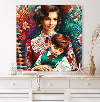 Framed canvas print Mother and son abstract coloured crayons portrait vibrant wall art