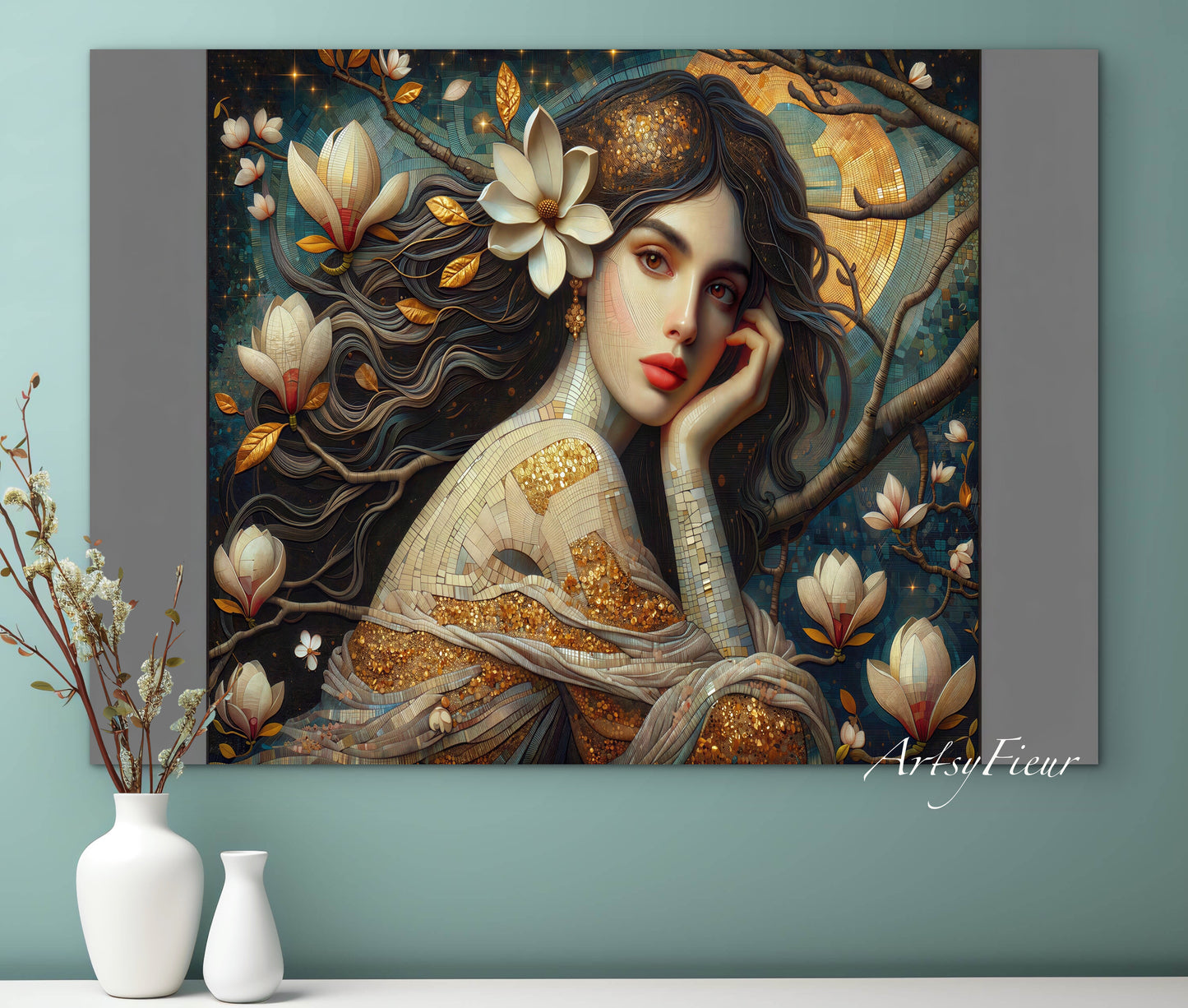 Framed Canvas- Vibrant Magnolia Flowers Beautiful Brunette Woman’s Abstract Portrait Mosaic Original Artwork Fantasy Wall Art Print
