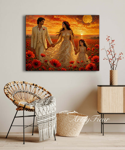 Framed Canvas Vibrant Poppies- Whimsical full moon fantasy oil painting Wedding celebration mother and daughter beautiful family portrait Original wall art print