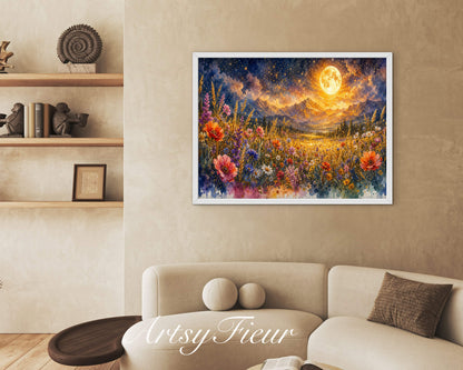 Framed canvas- vibrant full moon starry night sky colourful wildflowers floral wall art living room