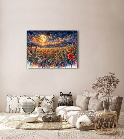 Framed Canvas Print- Vibrant Wildflowers and Poppies Oil Painting Textured Wall Art , Beautiful Original Artwork Ready to Hang Living Room, Floral