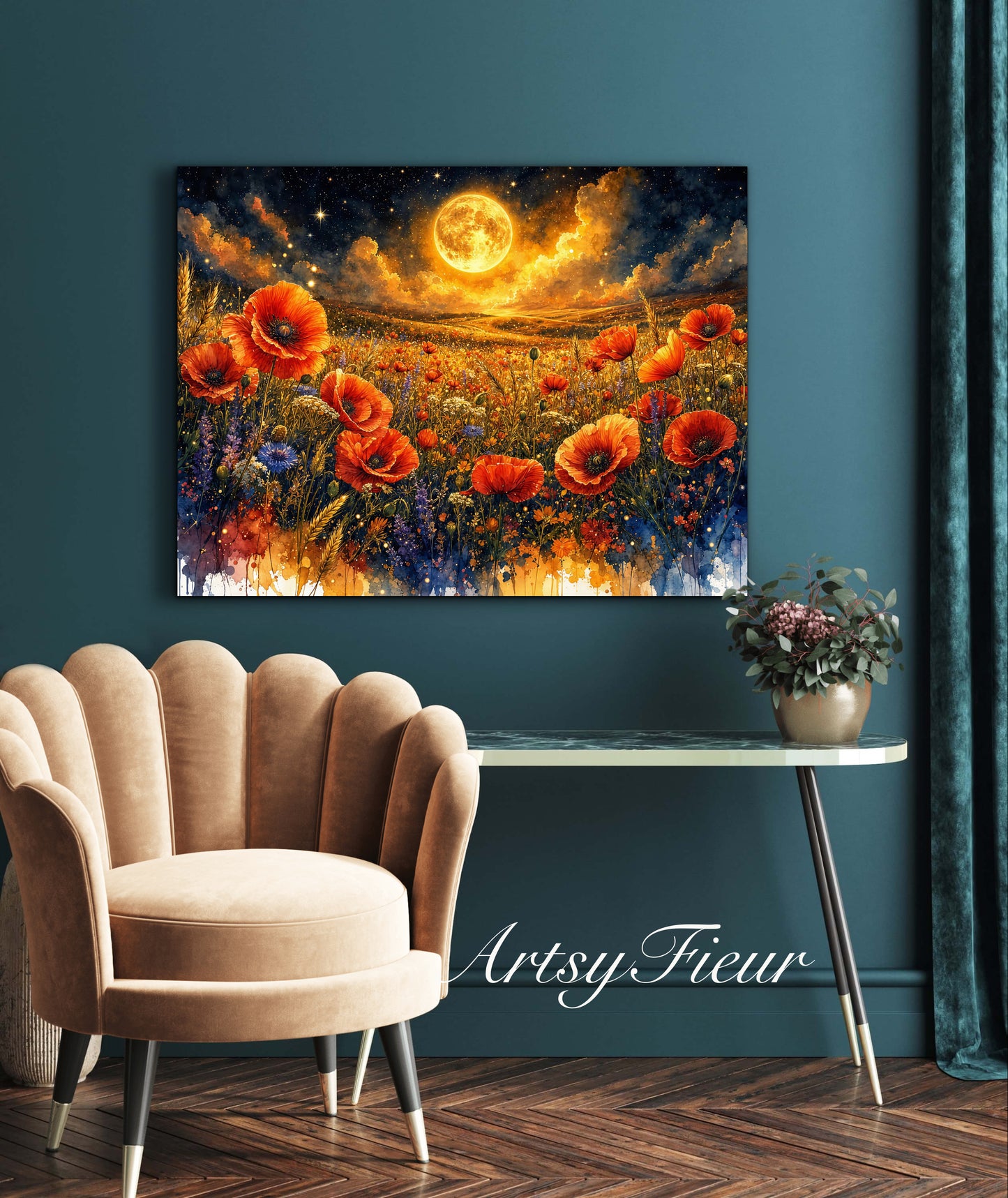 Framed Canvas Print- Vibrant Wildflowers and Poppies Oil Painting Textured Wall Art , Beautiful Original Artwork Ready to Hang Living Room, Floral