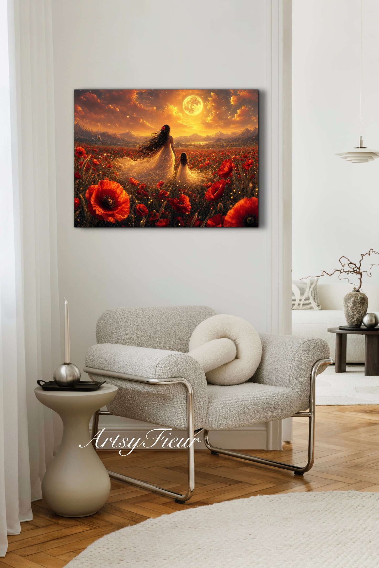 Framed Canvas- Vibrant Poppies Field Bride Mother and Daughter Portrait Whimsical Full Moon Sunset Fantasy Oil Painting Wall Art Print