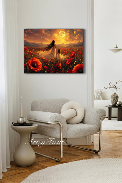 Framed Canvas- Vibrant Poppies Field Bride Mother and Daughter Portrait Whimsical Full Moon Sunset Fantasy Oil Painting Wall Art Print