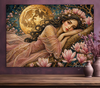 Framed Canvas- Vibrant Magnolia Flowers Beautiful Brunette Woman’s Abstract Portrait Mosaic Original Artwork Fantasy Wall Art Print