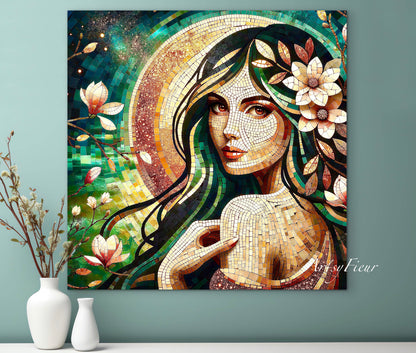 Framed canvas- Original Artwork Vibrant Magnolia Flowers Mosaic Portrait Beautiful Brunette Woman Wall Art Print