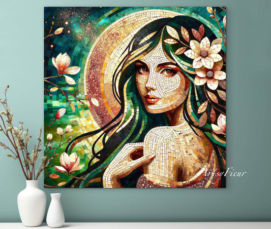 Framed canvas- Original Artwork Vibrant Magnolia Flowers Mosaic Portrait Beautiful Brunette Woman Wall Art Print