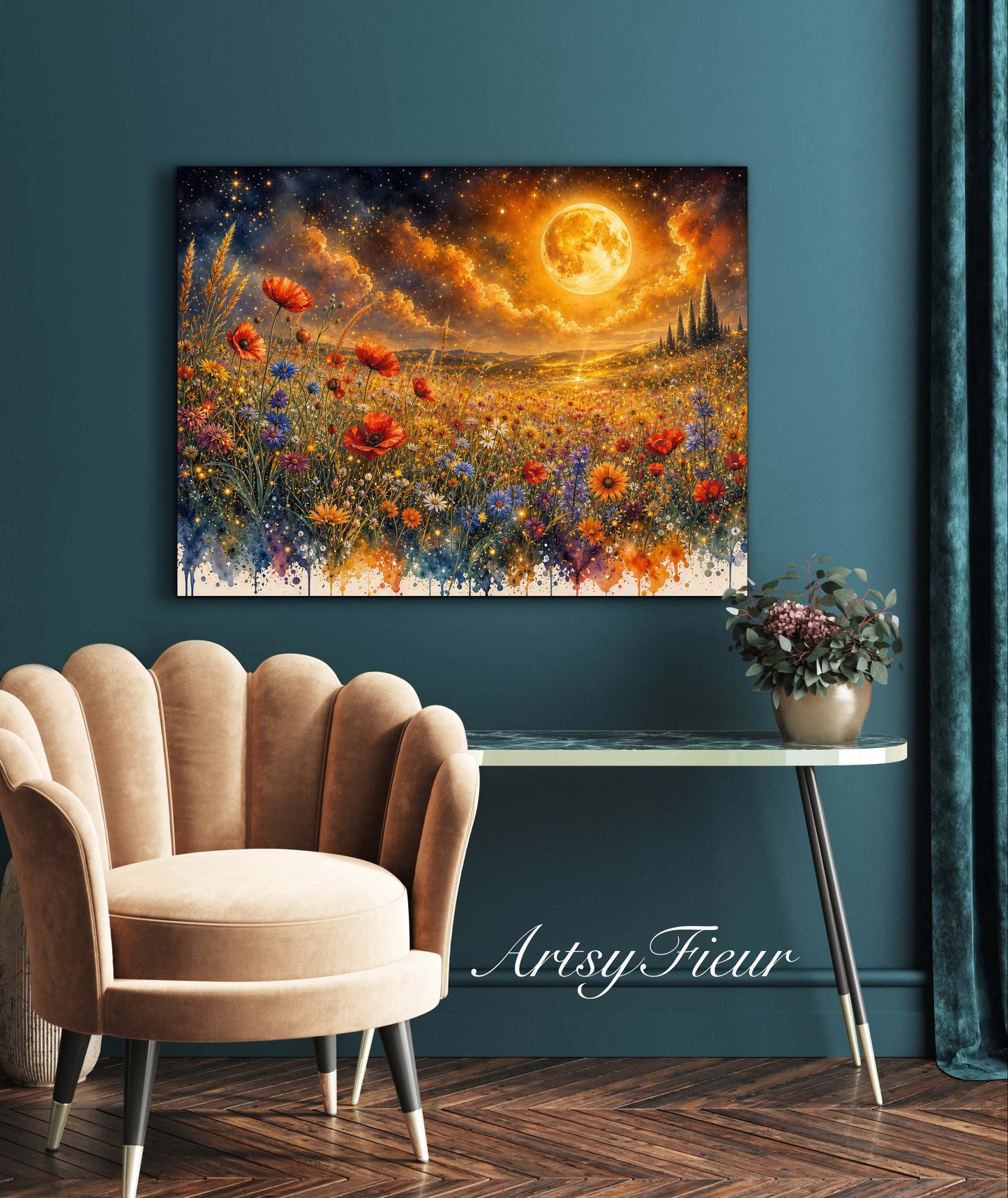 Framed Canvas Print- Vibrant Wildflowers and Poppies Oil Painting Textured Wall Art , Beautiful Original Artwork Ready to Hang Living Room, Floral