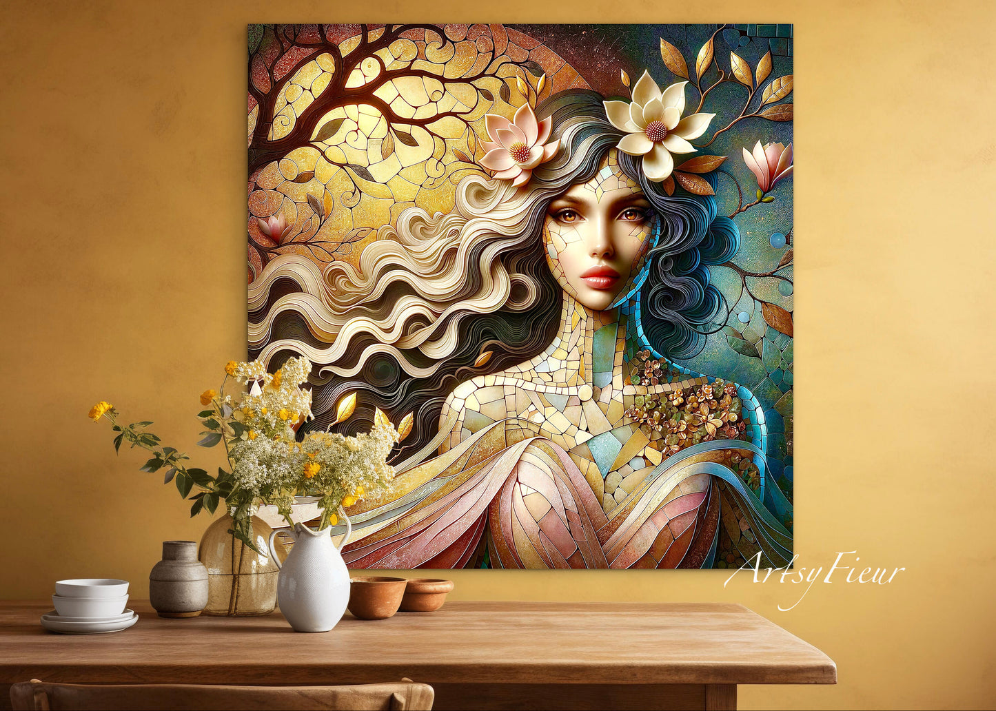 Framed canvas- Original Artwork Vibrant Magnolia Flowers Mosaic Portrait Beautiful Brunette Woman Wall Art Print