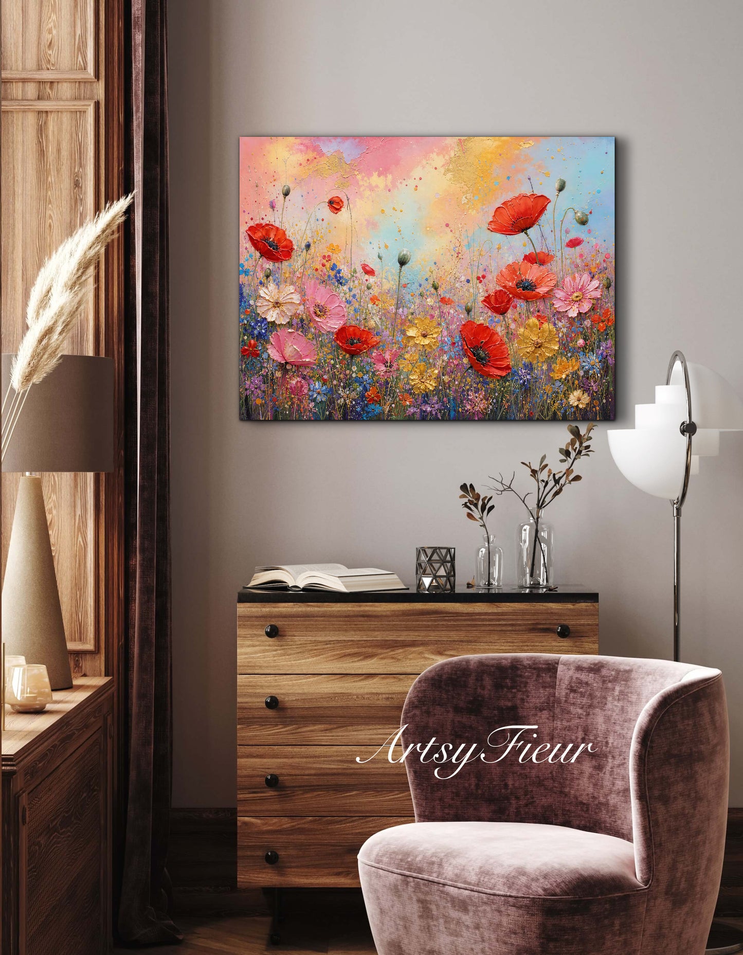 Framed canvas- ready to hand wall art print, beautiful vibrant colours watercolour fantasy painting wildflowers poppies floral landscape, unique gift, one of a kind original artwork