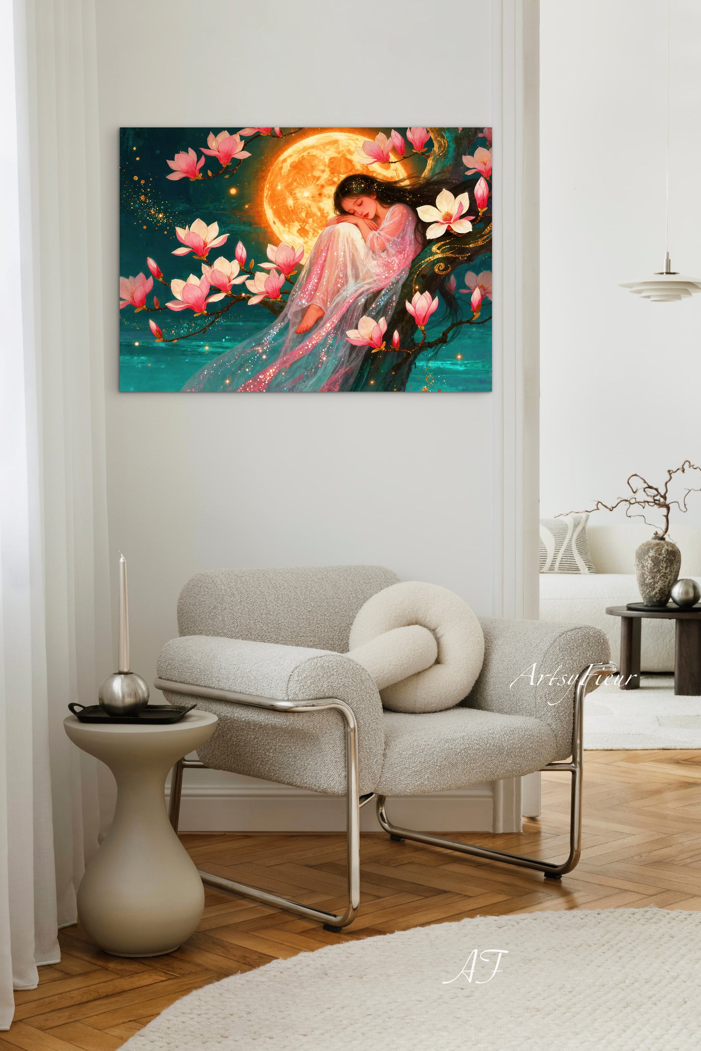 Framed Canvas- Vibrant Magnolia Flowers Beautiful Brunette Asian Woman’s Abstract Portrait Original Artwork Fantasy Wall Art Print