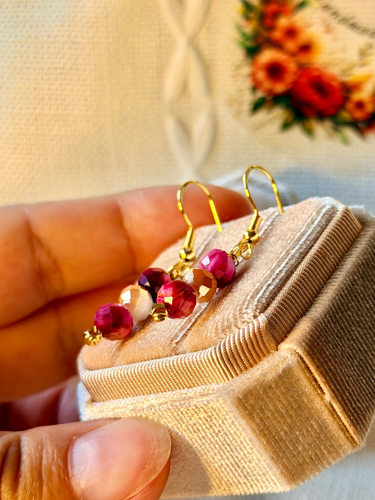 Natural Pink Tigers Eye Earrings Minimalist Crystal Gemstone Earrings Dangle Drop Hypoallergenic