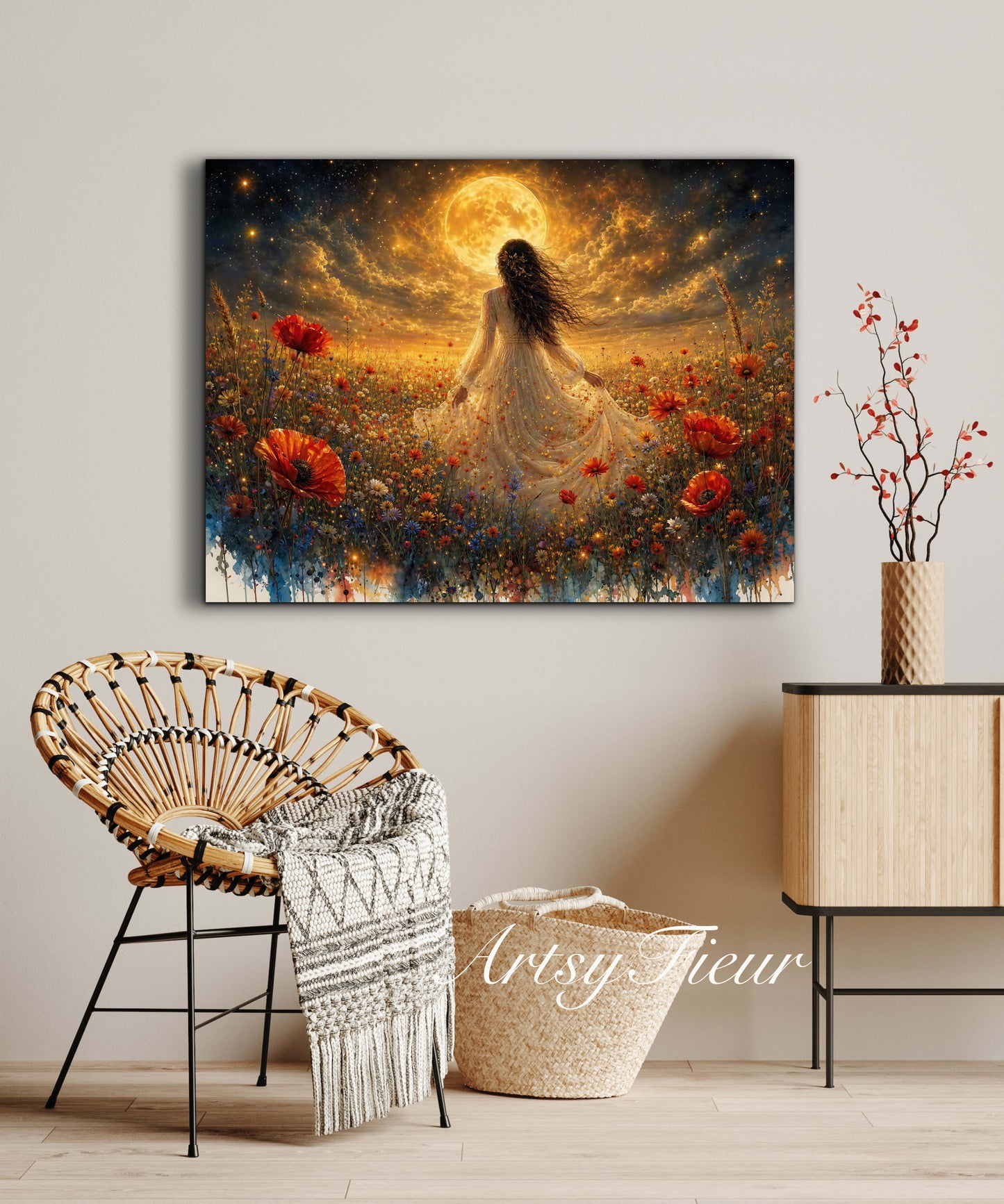 Framed Canvas - Vibrant poppies and wildflowers Whimsical Full Moon starry night sky Bride in Poppy Field, Wall Art Ready to hang original Artwork Print