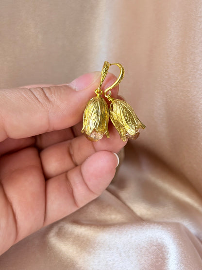 Flower Dangle Earrings Gold Tulip Crystal Handmade Statement Floral Earrings 18k Gold Plated Hypoallergenic