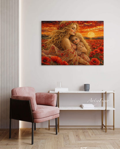 Framed Canvas- Vibrant Poppies Field Mother and Daughter Portrait Whimsical Full Moon Sunset Fantasy Oil Painting Wall Art Print