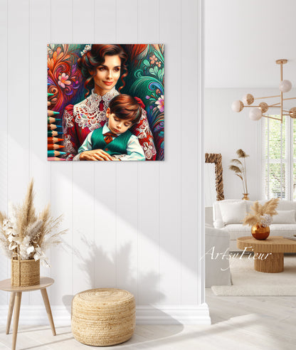 Framed canvas print Mother and son abstract coloured crayons portrait vibrant wall art