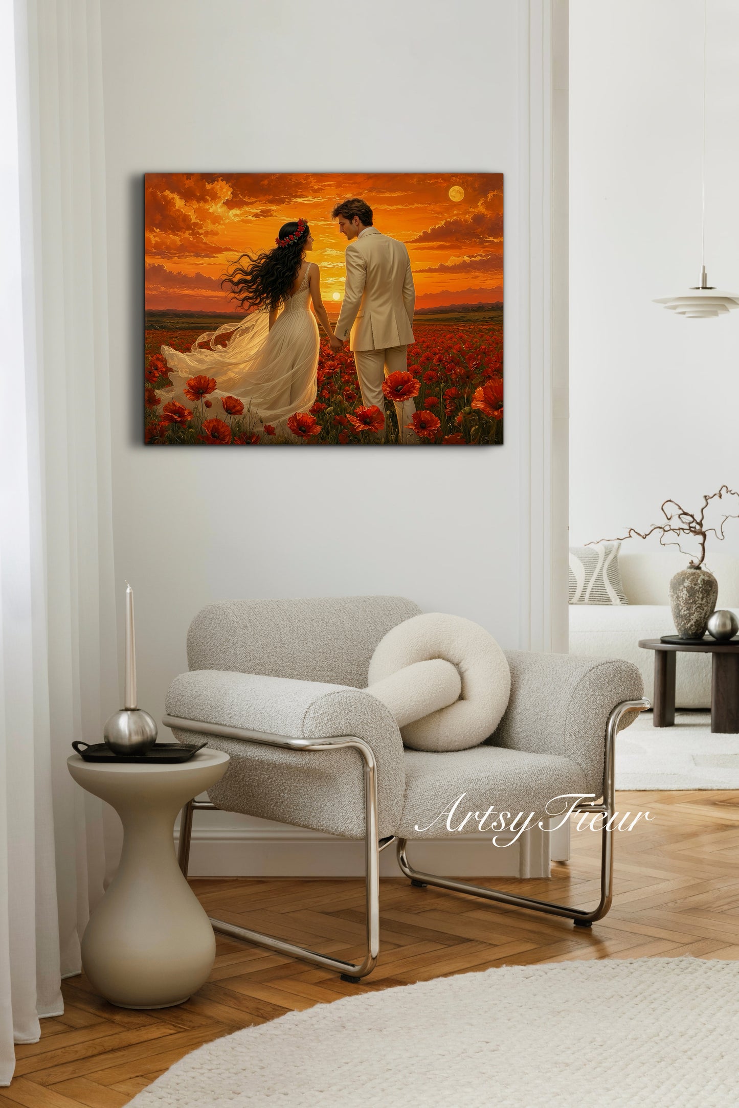 Framed canvas- whimsical full moon sunset bride and groom, wedding, poppy field, vibrant colours living room original artwork, fantasy oil painting wall art print