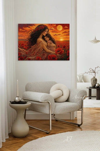 Framed Canvas- Vibrant Poppies Field Mother and Daughter Portrait Whimsical Full Moon Sunset Fantasy Oil Painting Wall Art Print