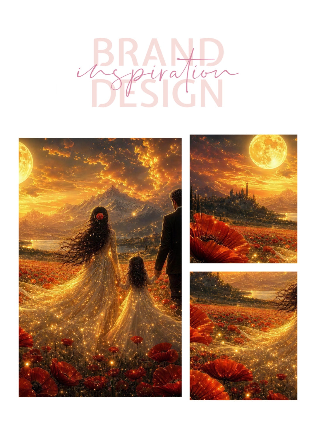Framed Canvas Vibrant Poppies- Whimsical full moon fantasy oil painting Wedding celebration mother and daughter beautiful family portrait Original wall art print