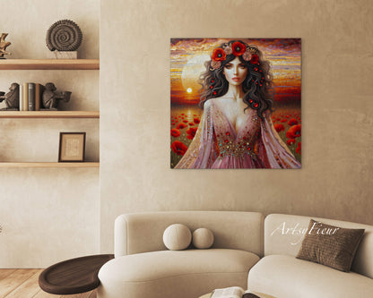 Framed canvas- Original Artwork Vibrant Poppies watercolour floral painting beautiful brunette woman ready to hang wall art print, abstract portrait