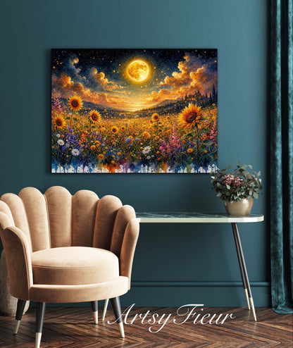 Framed Canvas- Beautiful Vibrant Colours Full Moon Floral Landscape, Wildflowers and Sunflowers Field under Night Sky Living Room Wall Art