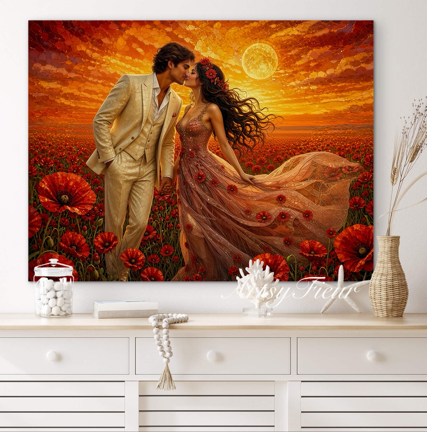 Framed canvas- whimsical full moon sunset bride and groom, wedding, poppy field, vibrant colours living room original artwork, fantasy oil painting wall art print