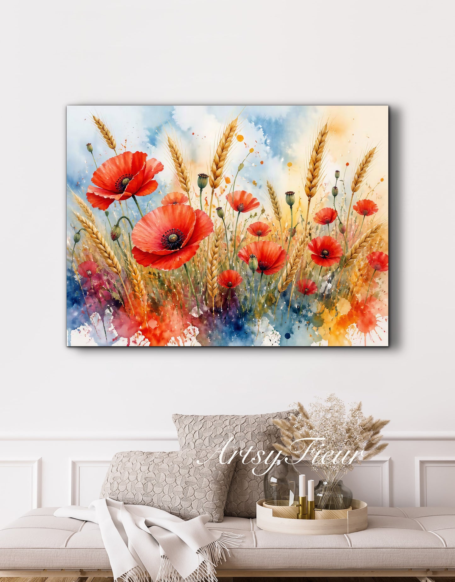 Framed Canvas Print- Vibrant Wildflowers and Poppies Oil Painting Textured Wall Art , Beautiful Original Artwork Ready to Hang Living Room, Floral