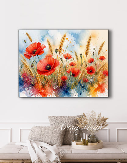 Framed Canvas Print- Vibrant Wildflowers and Poppies Oil Painting Textured Wall Art , Beautiful Original Artwork Ready to Hang Living Room, Floral