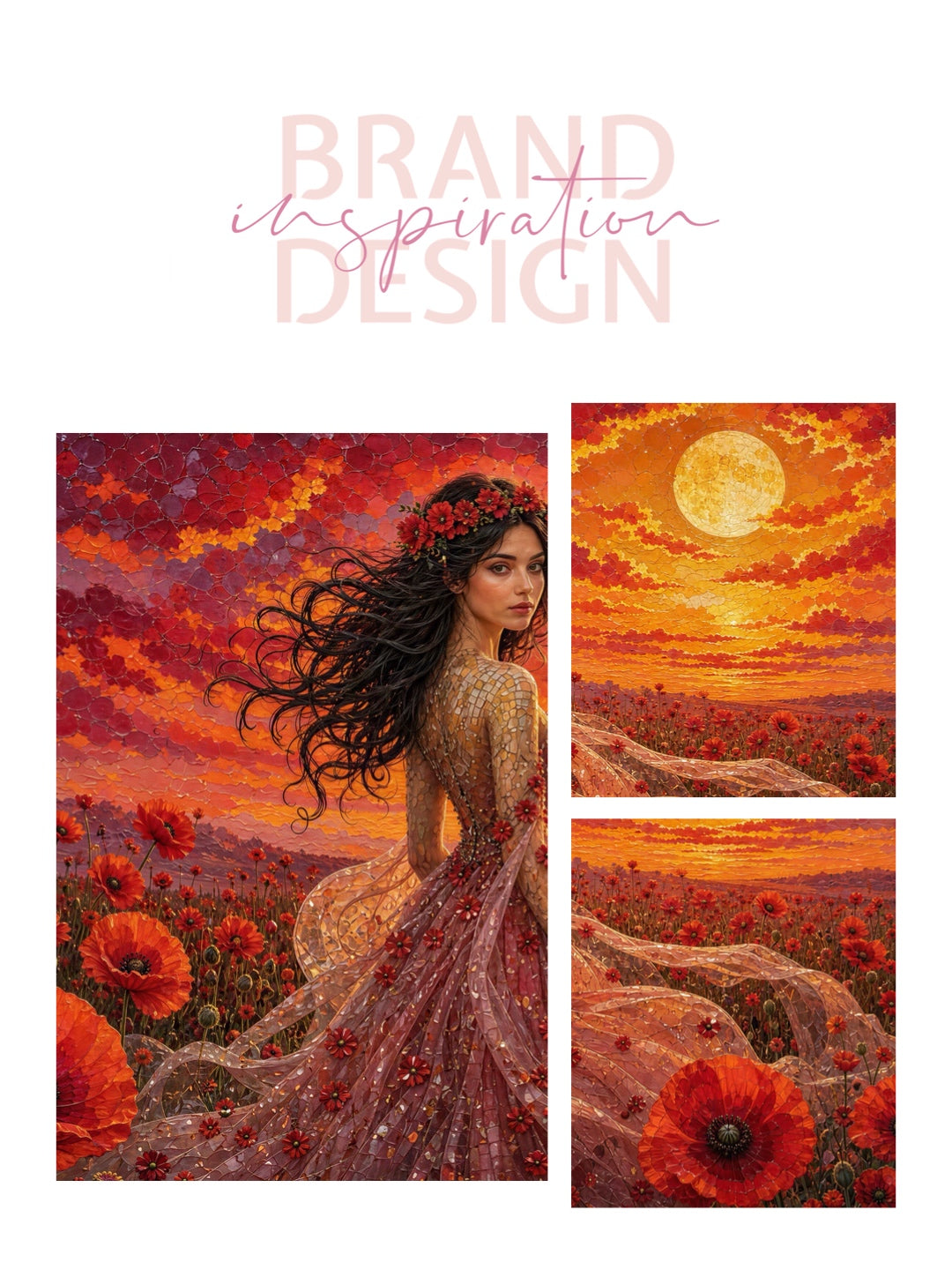 Framed Canvas - Vibrant Poppies Whimsical Full Moon Bride in Poppy Field, Wall Art Ready to hang Oil Painting Original Artwork Print