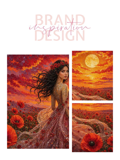 Framed Canvas - Vibrant Poppies Whimsical Full Moon Bride in Poppy Field, Wall Art Ready to hang Oil Painting Original Artwork Print