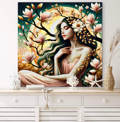 Framed canvas- Original Artwork Vibrant Magnolia Flowers Mosaic Portrait Beautiful Brunette Woman Wall Art Print