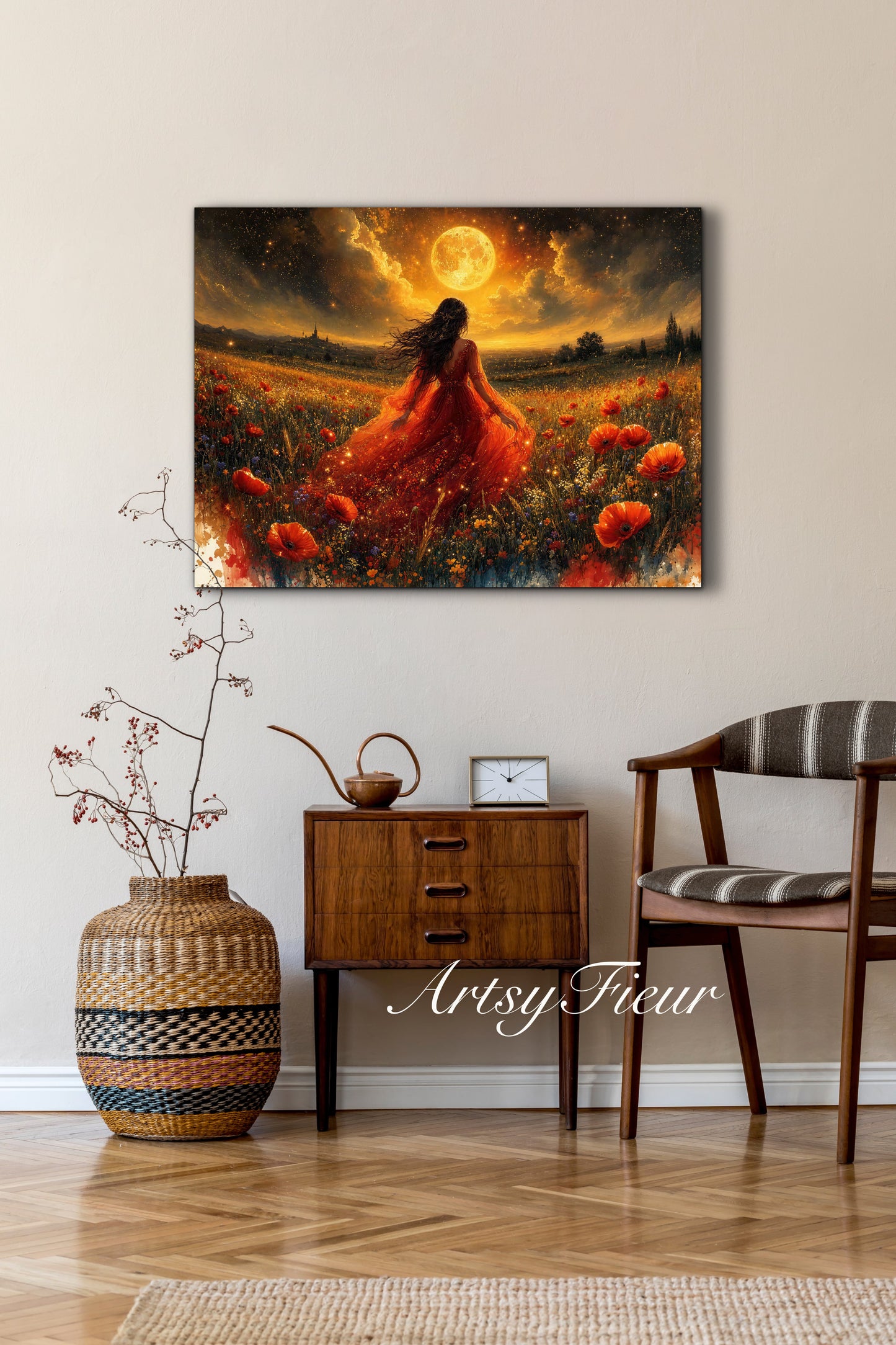 Framed Canvas - Vibrant poppies and wildflowers Whimsical Full Moon starry night sky Bride in Poppy Field, Wall Art Ready to hang original Artwork Print Red Dress