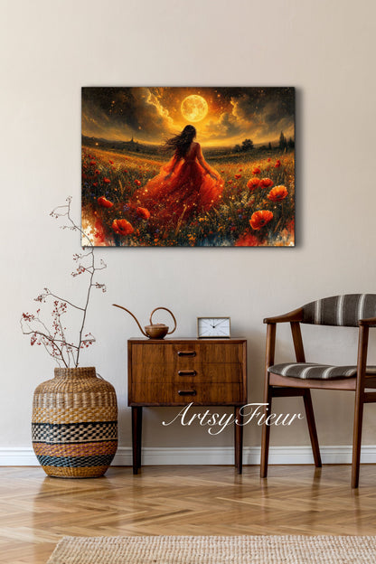 Framed Canvas - Vibrant poppies and wildflowers Whimsical Full Moon starry night sky Bride in Poppy Field, Wall Art Ready to hang original Artwork Print Red Dress