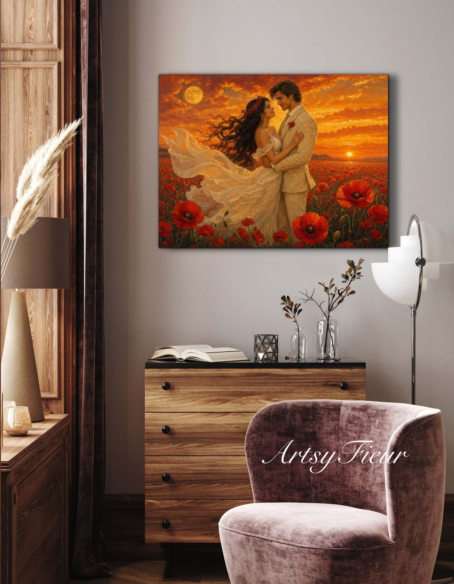 Framed canvas- whimsical full moon sunset bride and groom, wedding, poppy field, vibrant colours living room original artwork, fantasy oil painting wall art print
