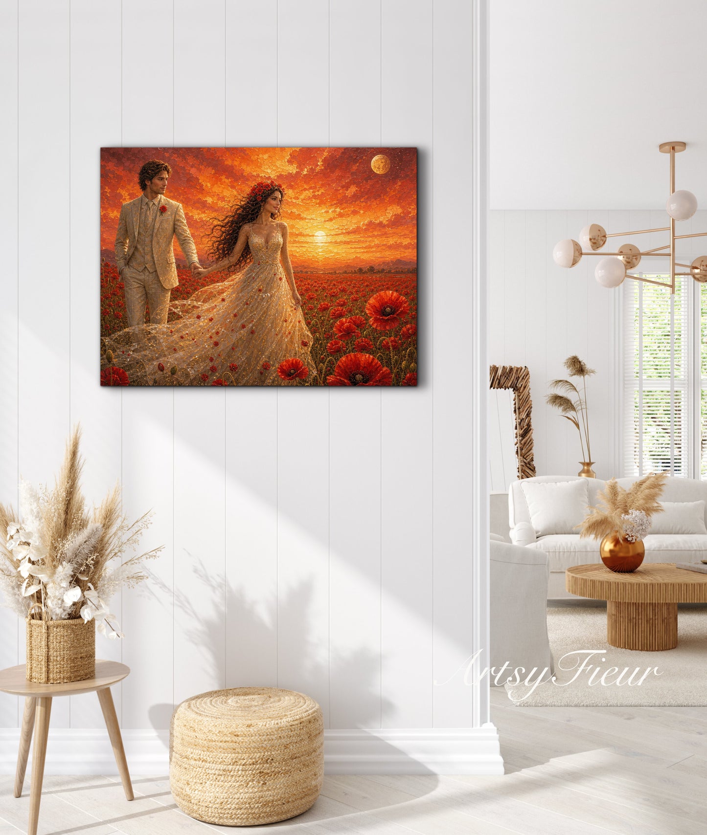 Framed canvas- whimsical full moon sunset -bride and groom, wedding gift, fantasy oil painting bedroom wall art print floral poppies field colourful vibrant colours
